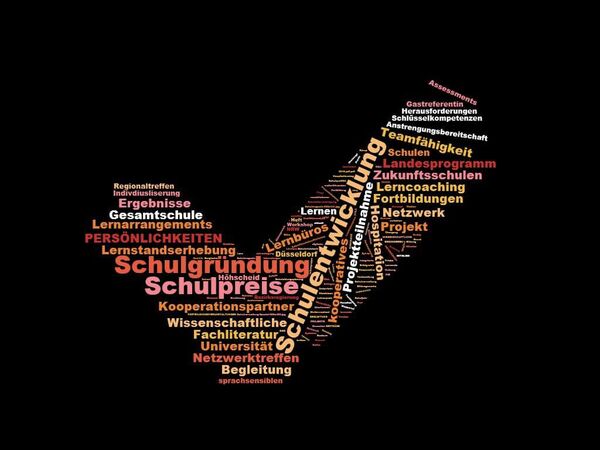 In einer Wortwolke in Form eines Hakens stehen Begriffe wie Schulqualität, Schulpreise etc. Unsere Schulqualität ist vielfältig