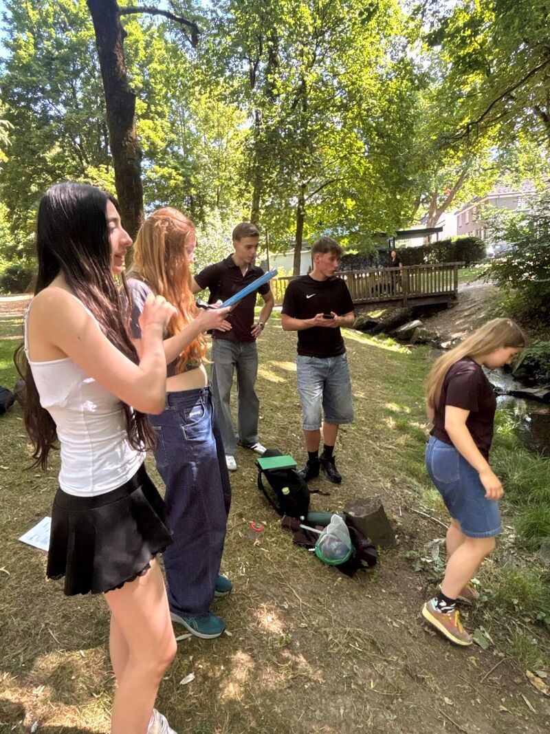 Eine Schülergruppe bespricht, wie sie die Tierbestimmungen erstellen können.